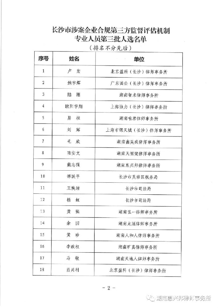 我所主任戴志強(qiáng)律師被選任為長(zhǎng)沙市涉案企業(yè)合規(guī)第三方監(jiān)督評(píng)估機(jī)制專(zhuān)業(yè)人員